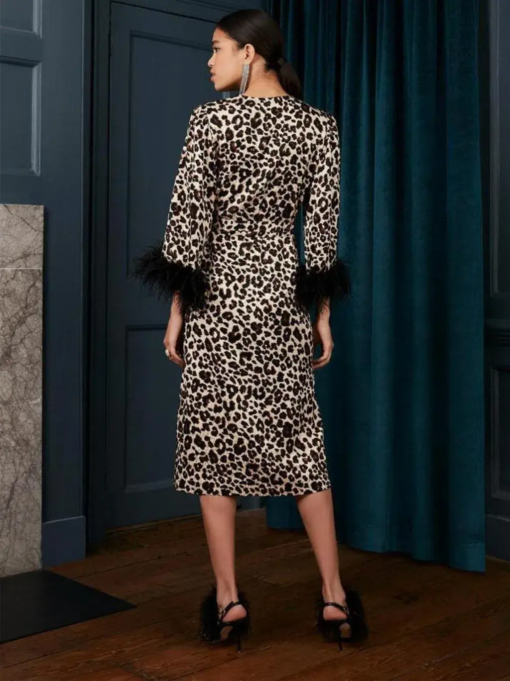 Kitri Aurelie Leopard Feather Wrap Midi Dress Print Size UK 10 - Image 3