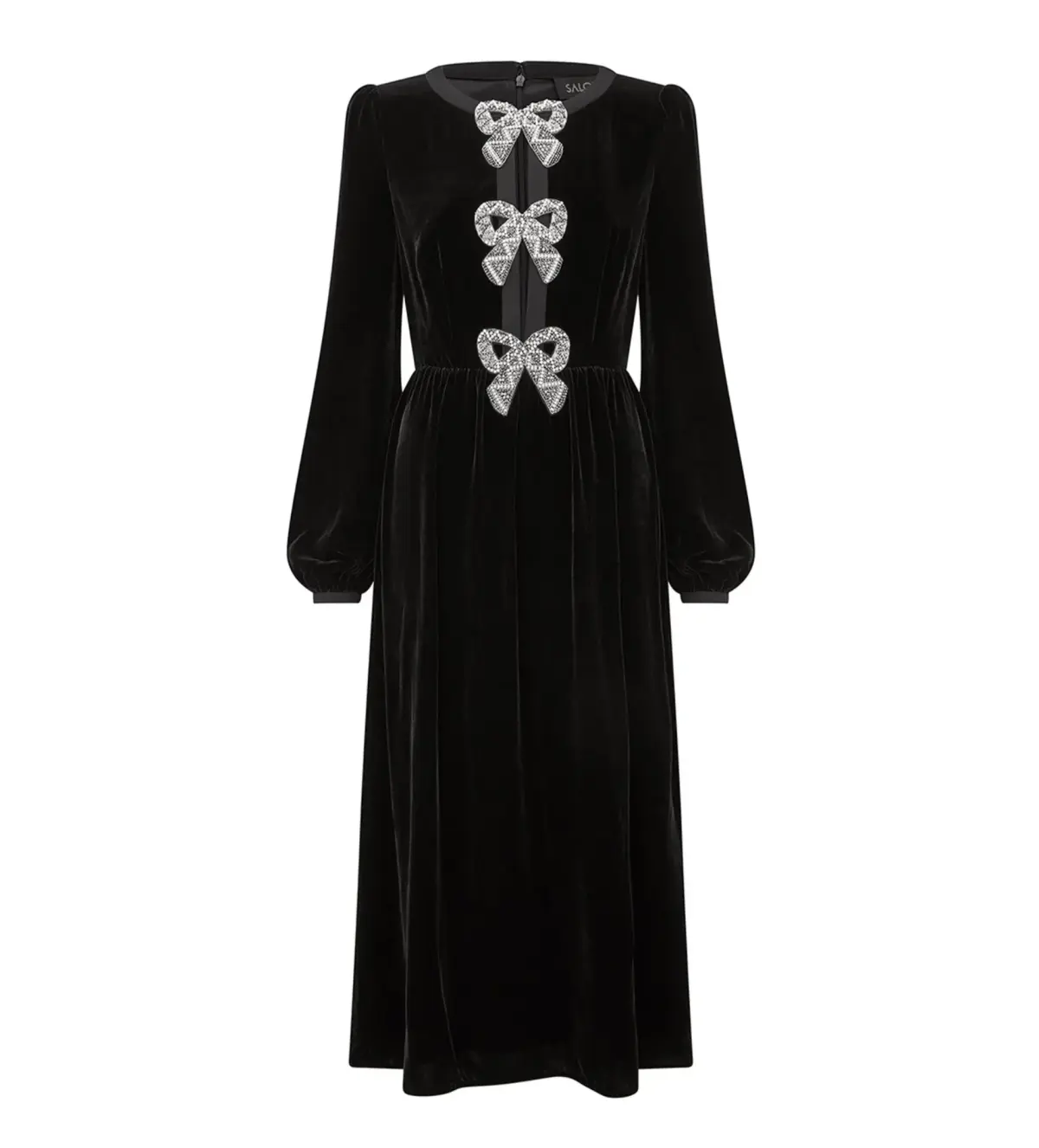 Saloni Camille Velvet Embellished Bows Midi Dress Black Size UK 12  - Image 6