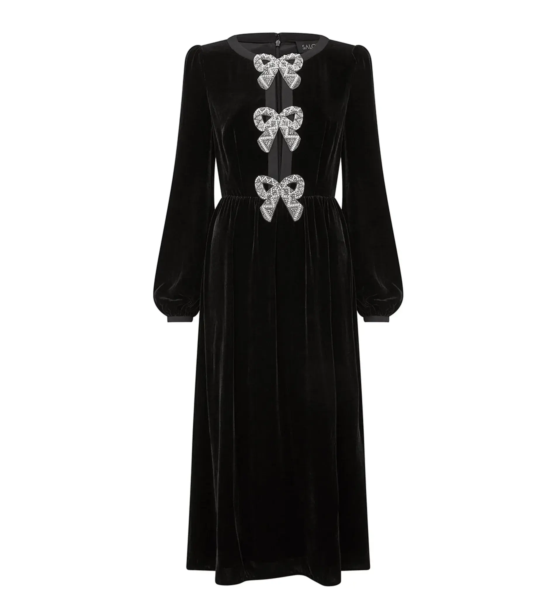 Saloni Camille Velvet Embellished Bows Midi Dress Black Size UK 12  - Image 6