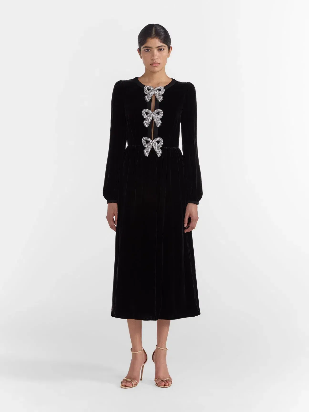 Saloni Camille Velvet Embellished Bows Midi Dress Black Size UK 12  - Image 1