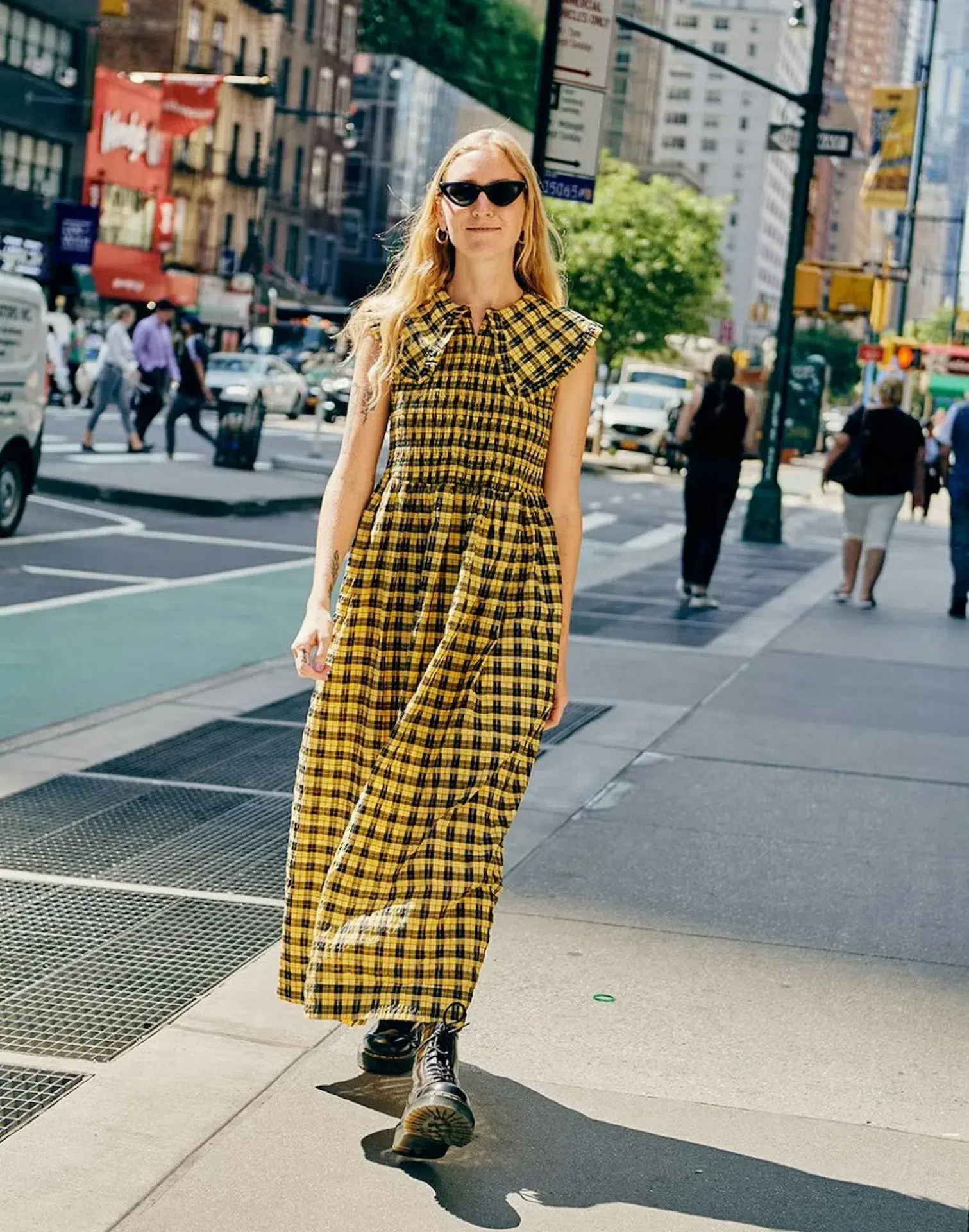 Ganni Seersucker Shirred Midi Dress Yellow Check Print Size UK 10 - Image 1