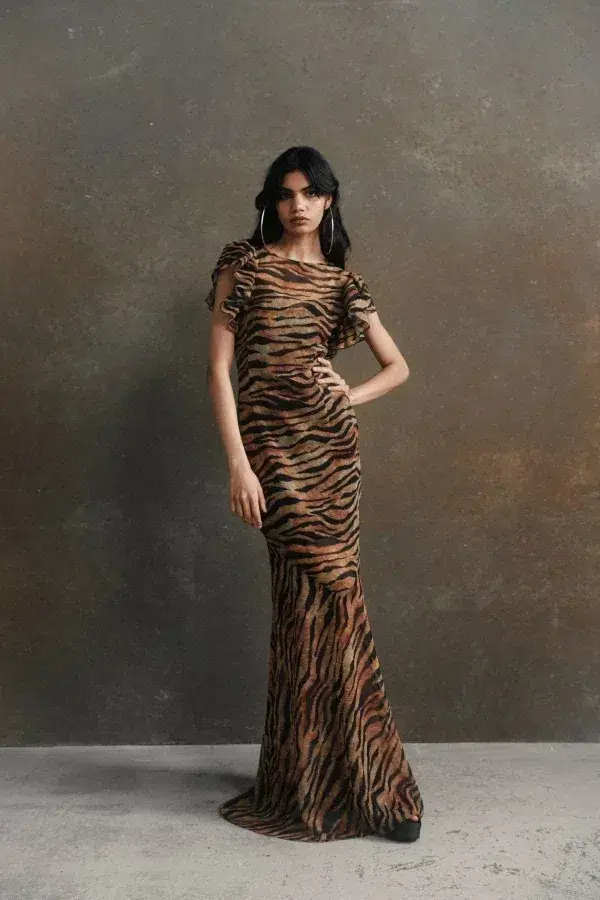 De La Vali Bougainvillea Chiffon Maxi Dress Tiger Print Size 12 - Image 1
