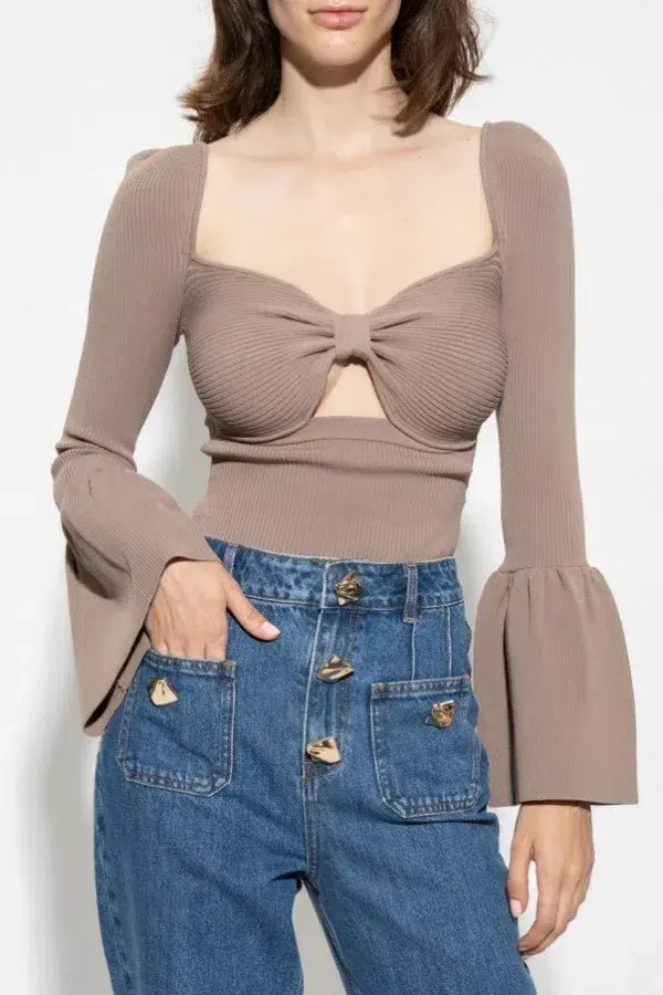 Self Portrait Cut Out Bow Flared Ribbed Top Taupe Size M / UK 10 - Image 11
