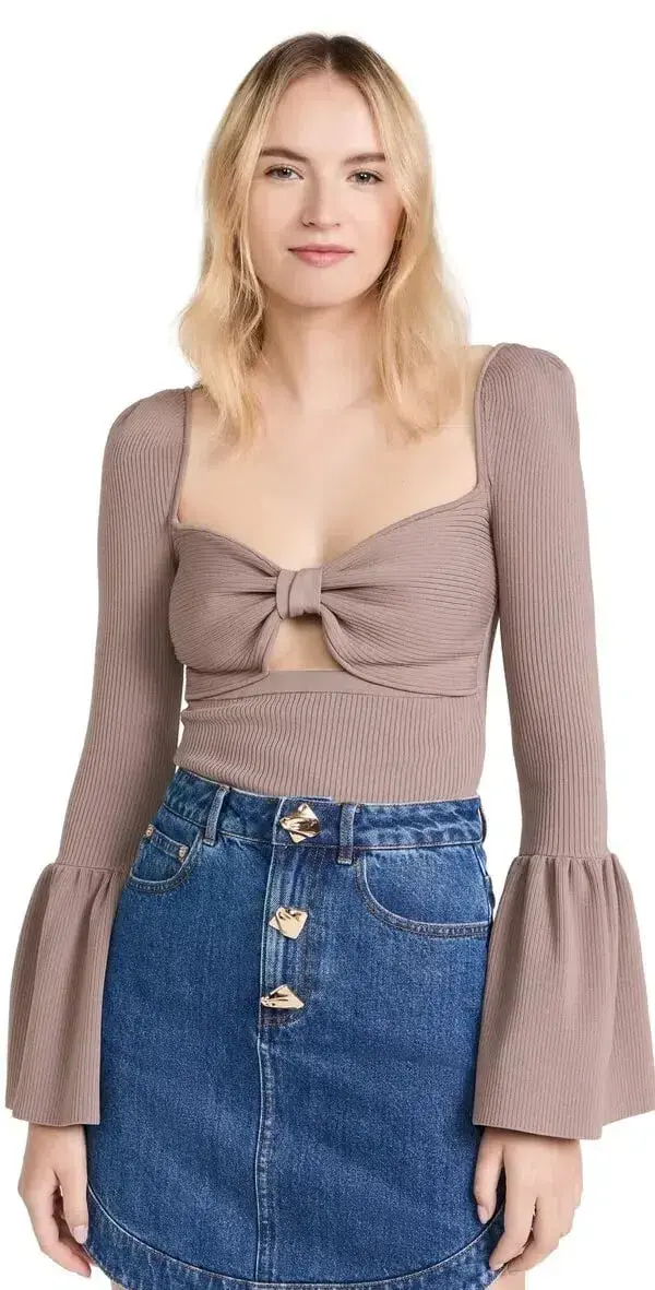 Self Portrait Cut Out Bow Flared Ribbed Top Taupe Size M / UK 10 - Image 5