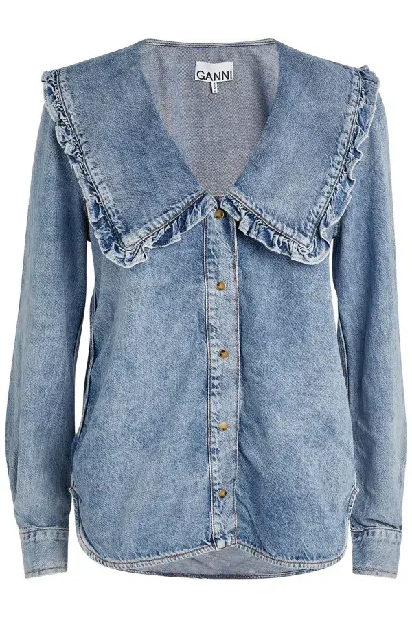 Ganni Denim Ruffle Shirt Blue Size 10 - Image 2