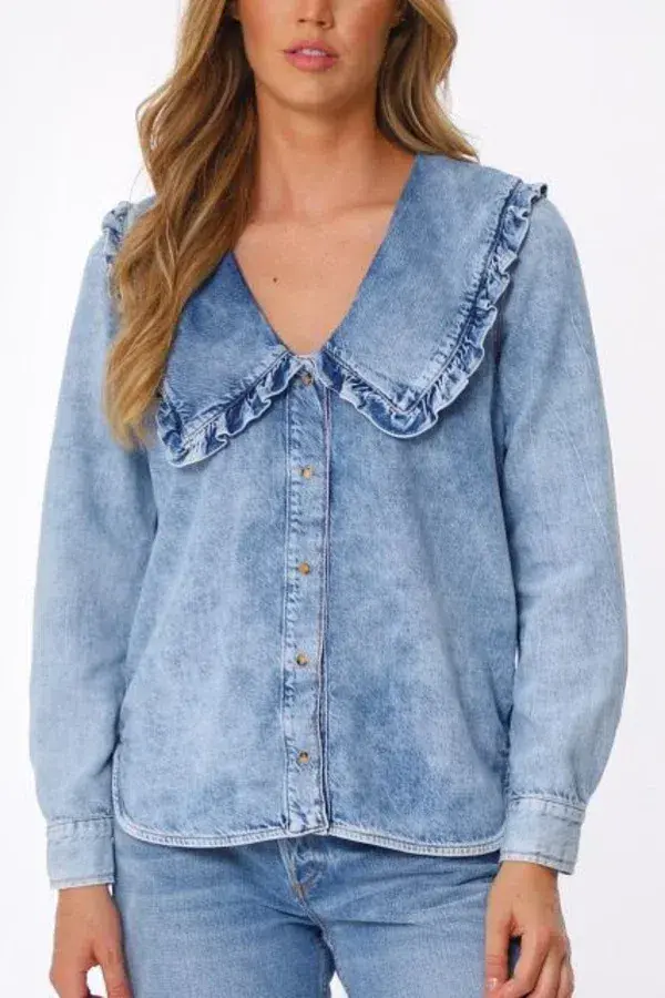 Ganni Denim Ruffle Shirt Blue Size 10 - Image 1