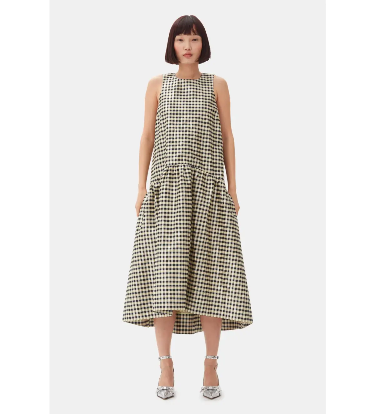 Ganni Icing Shiny Check Jacquard Midi Dress Print Size UK 10 - Image 1