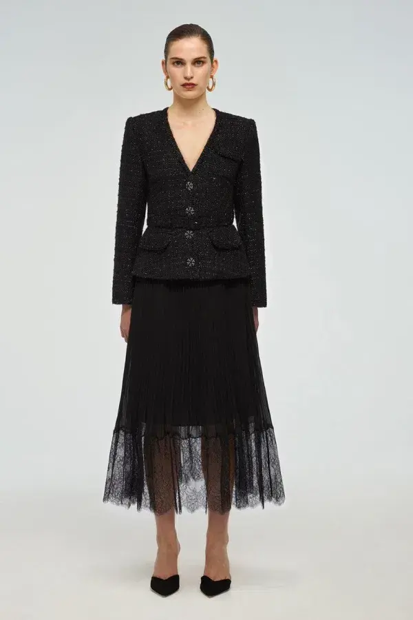 Self-portrait Bouclé Rhinestone-buttons Knitted Midi Dress Black Size 12 - Image 1