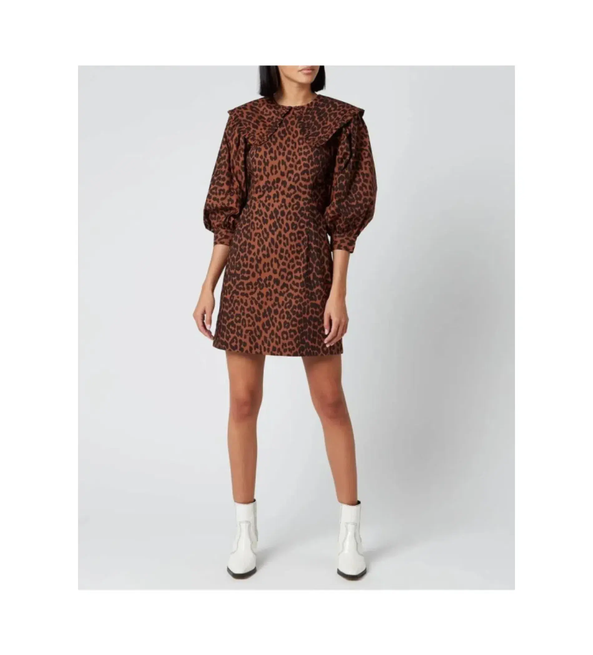Ganni Leopard Print Poplin Bib Mini Dress Animal Print Size UK 12 - Image 1