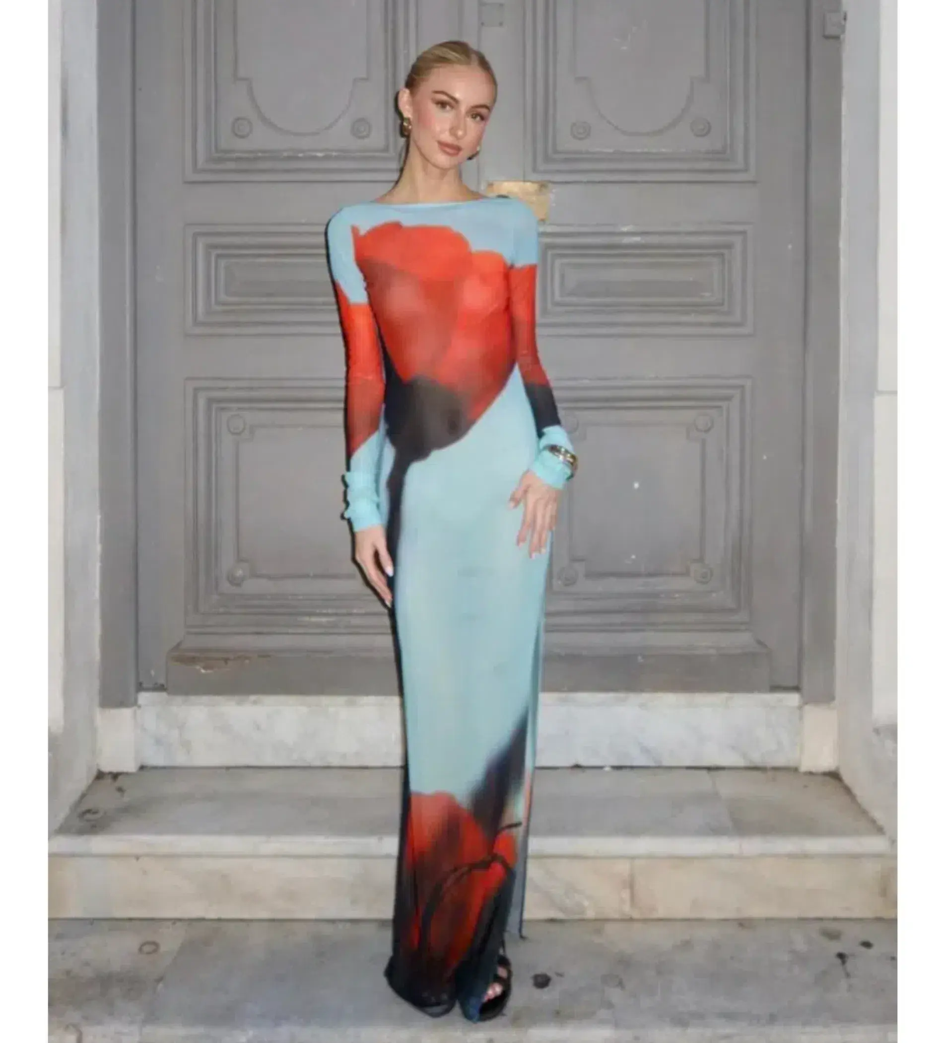 Rat & Boa Santino Sheer Maxi Dress in  blue with a fiery red tulip print Size UK 12 - Image 1