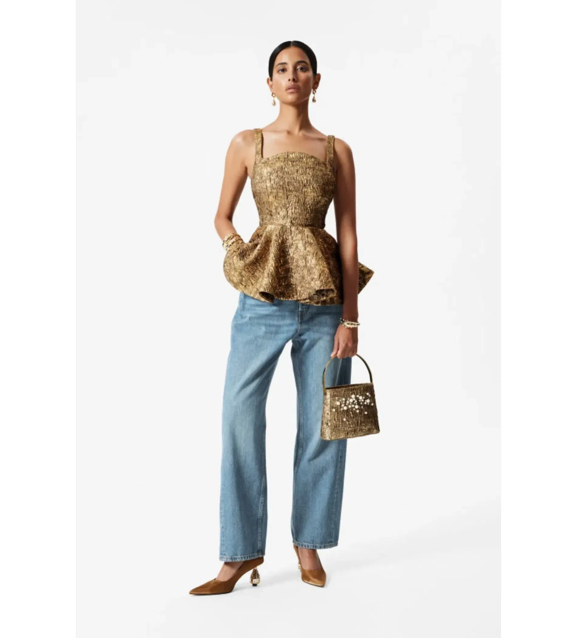 & Other Stories Metallic Jacquard Peplum Top Gold Size UK 12 - Image 2