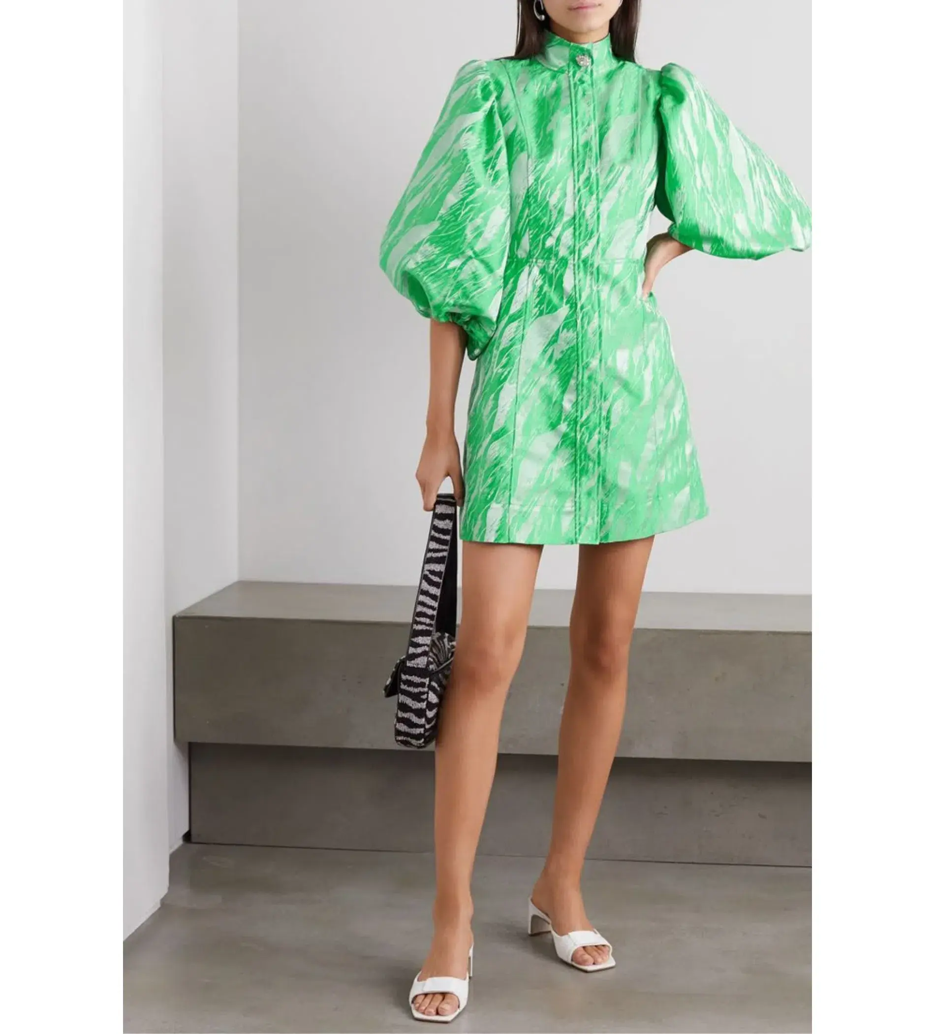 Ganni Jacquard Mini Dress Green Size UK 10 - Image 1