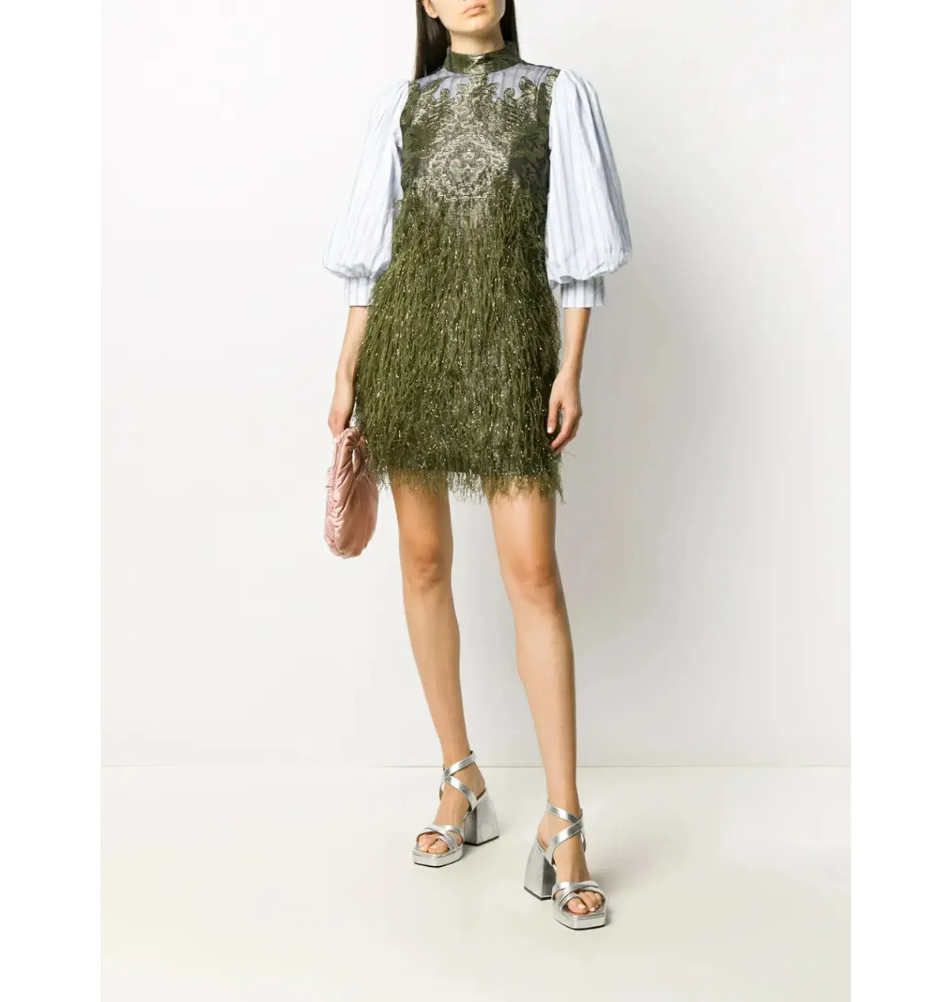 Ganni Feathery Cotton Mini Dress Green Size UK 12 - Image 1