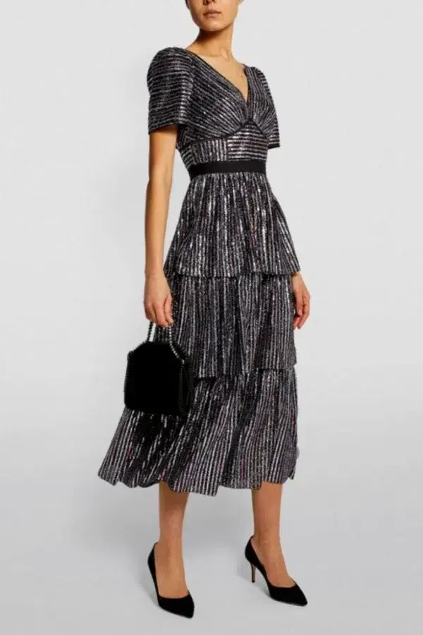 Self-Portrait Tiered Sequin Midi Dress Size UK 12 - Image 1