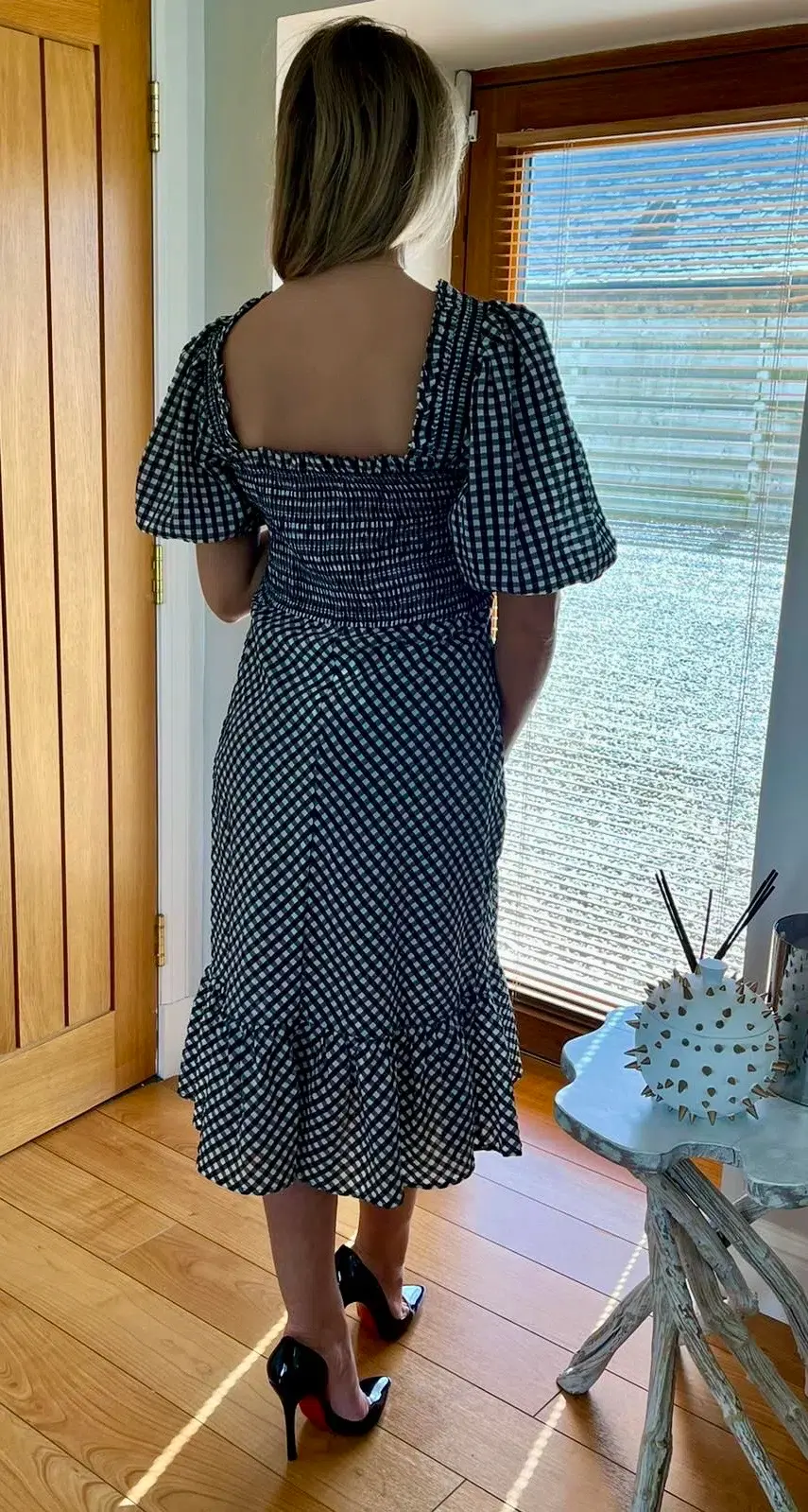 Ganni Gingham Smocked Midi Dress Black & White Size UK 18 - Image 2