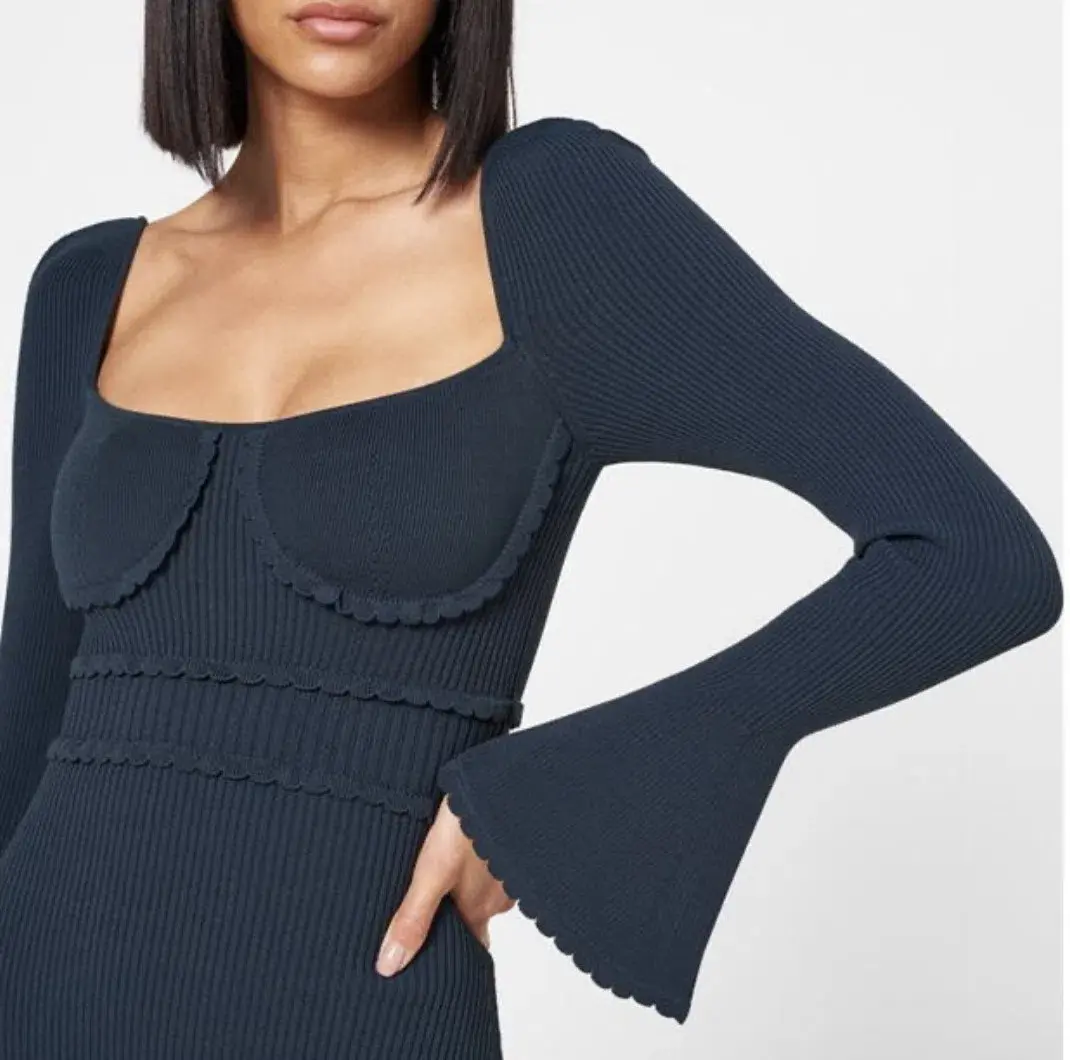 Self Portrait Scallop Jersey Midi Dress Navy Size UK 16 - Image 2