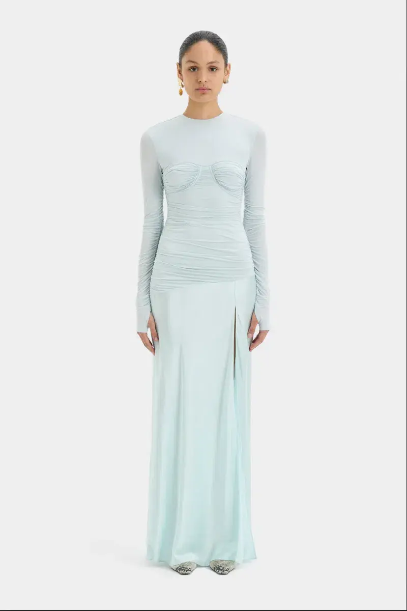 Sir The Label Alessia Ice Blue Silk Satin Jersey Draped Maxi Dress for rent on The Volte - main image