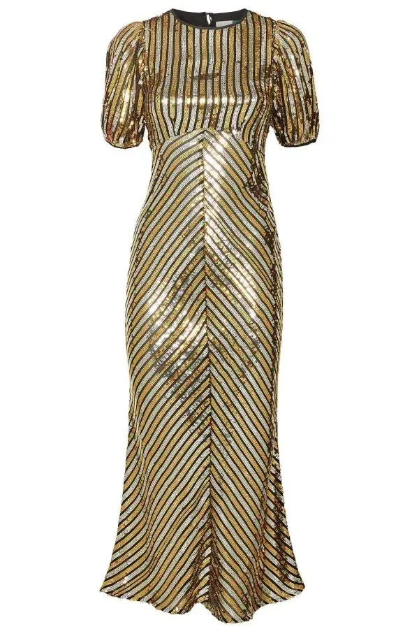 Rixo Daisy Sequin Midi Dress Gold Size UK 10 for rent on The Volte - main image