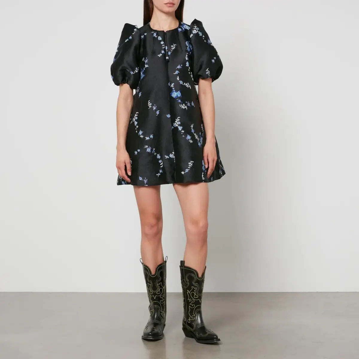 Ganni Jacquard Mini Dress Black Floral Size UK 10 - Image 2