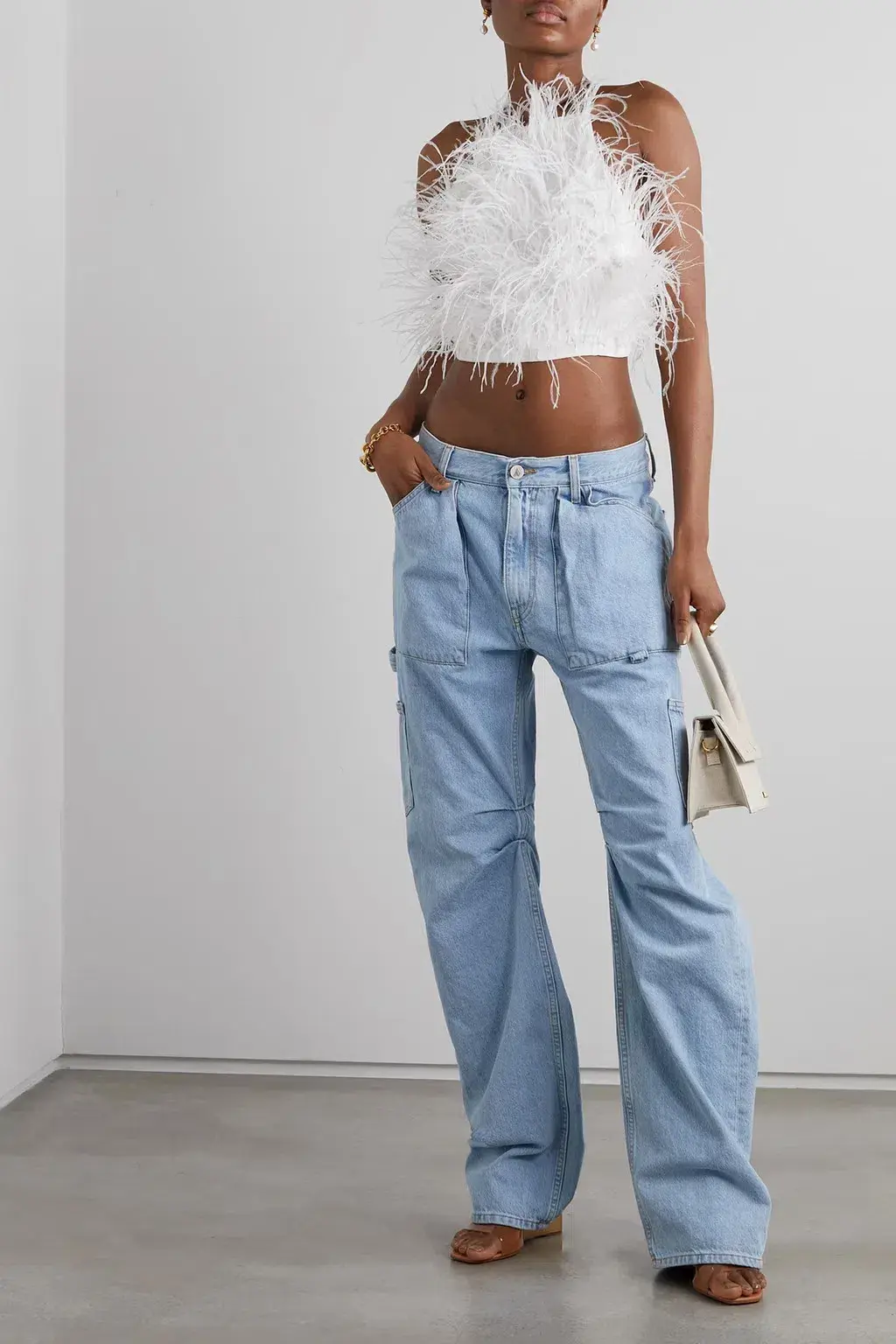 Cult Gaia Joey Open back Feather Embellished Crepe Top White Size UK 12 for rent on The Volte - main image