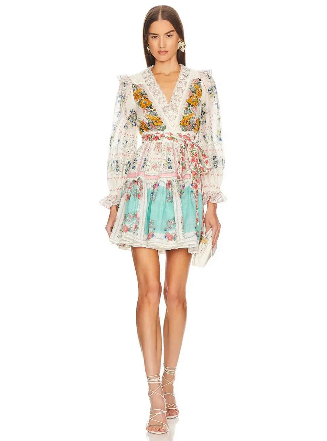 Zimmermann Clover Patched Wrap Lace Mini Dress Patch Painted Floral Size 12 for rent on The Volte - main image