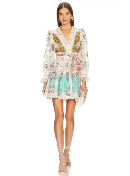 Zimmermann Clover Patched Wrap Lace Mini Dress Patch Painted Floral Size 12 for rent on The Volte - image 1