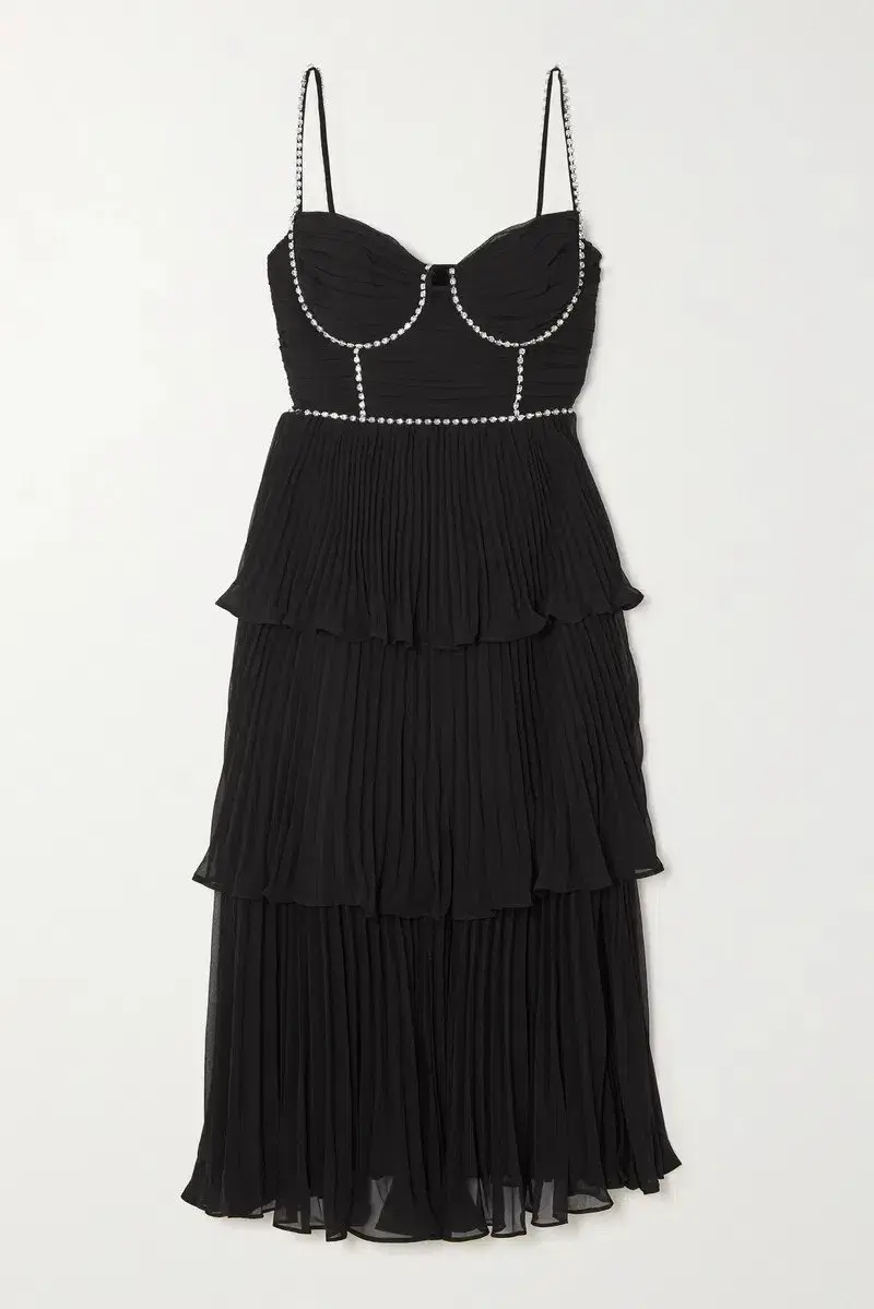 Self Portrait Diamante Embellished Tiered Chiffon Midi Dress Black Size 12 for rent on The Volte - main image