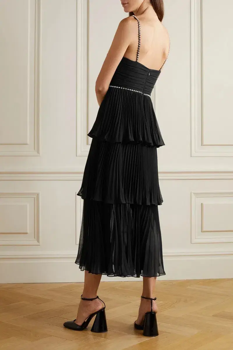 Self Portrait Diamante Embellished Tiered Chiffon Midi Dress Black Size 12 for rent on The Volte - main image
