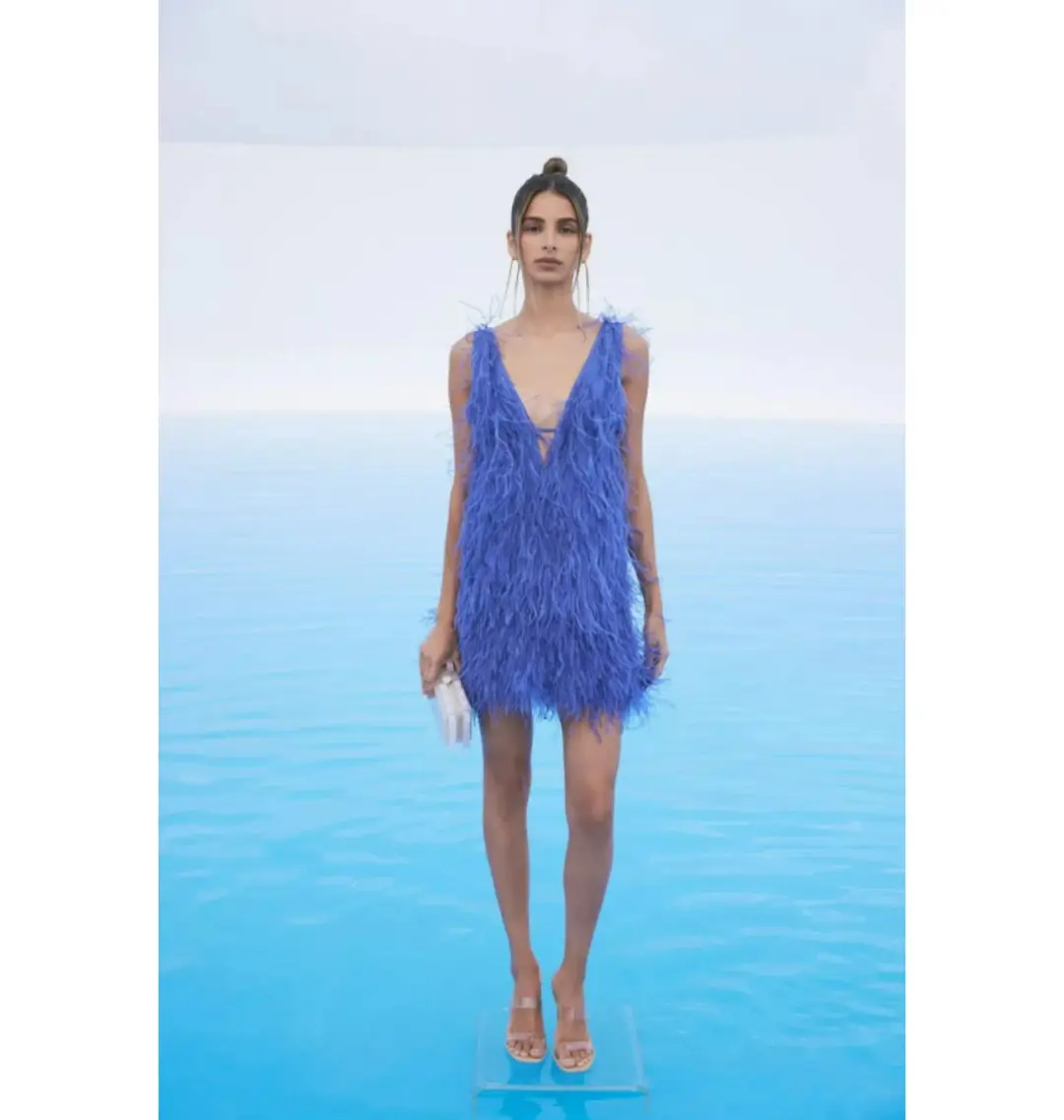 Cult Gaia Ansel Feather Dress Blue Size UK 12 for rent on The Volte - main image
