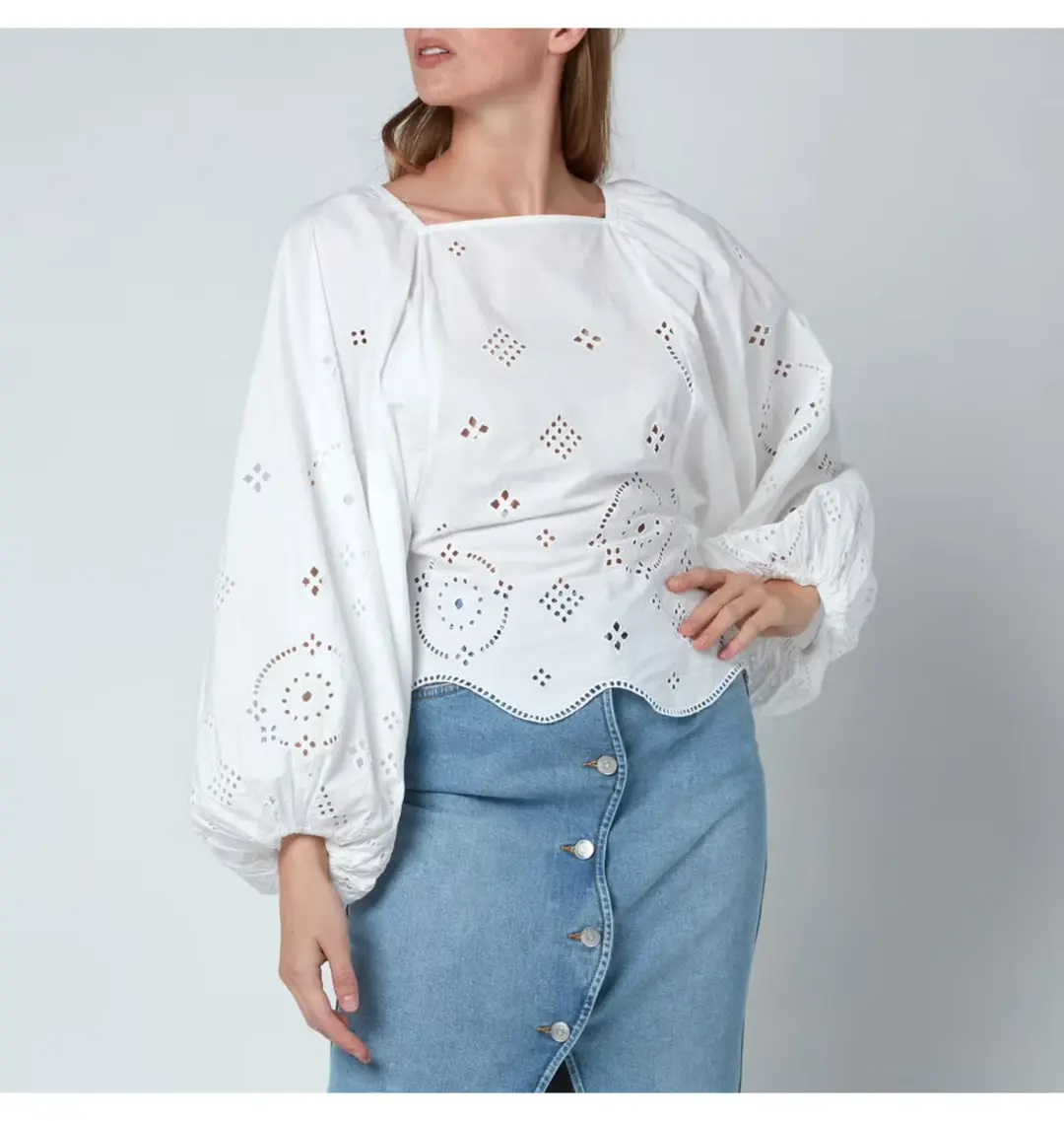 Ganni Broderie Anglais Blouse White Size UK 10 for rent on The Volte - main image