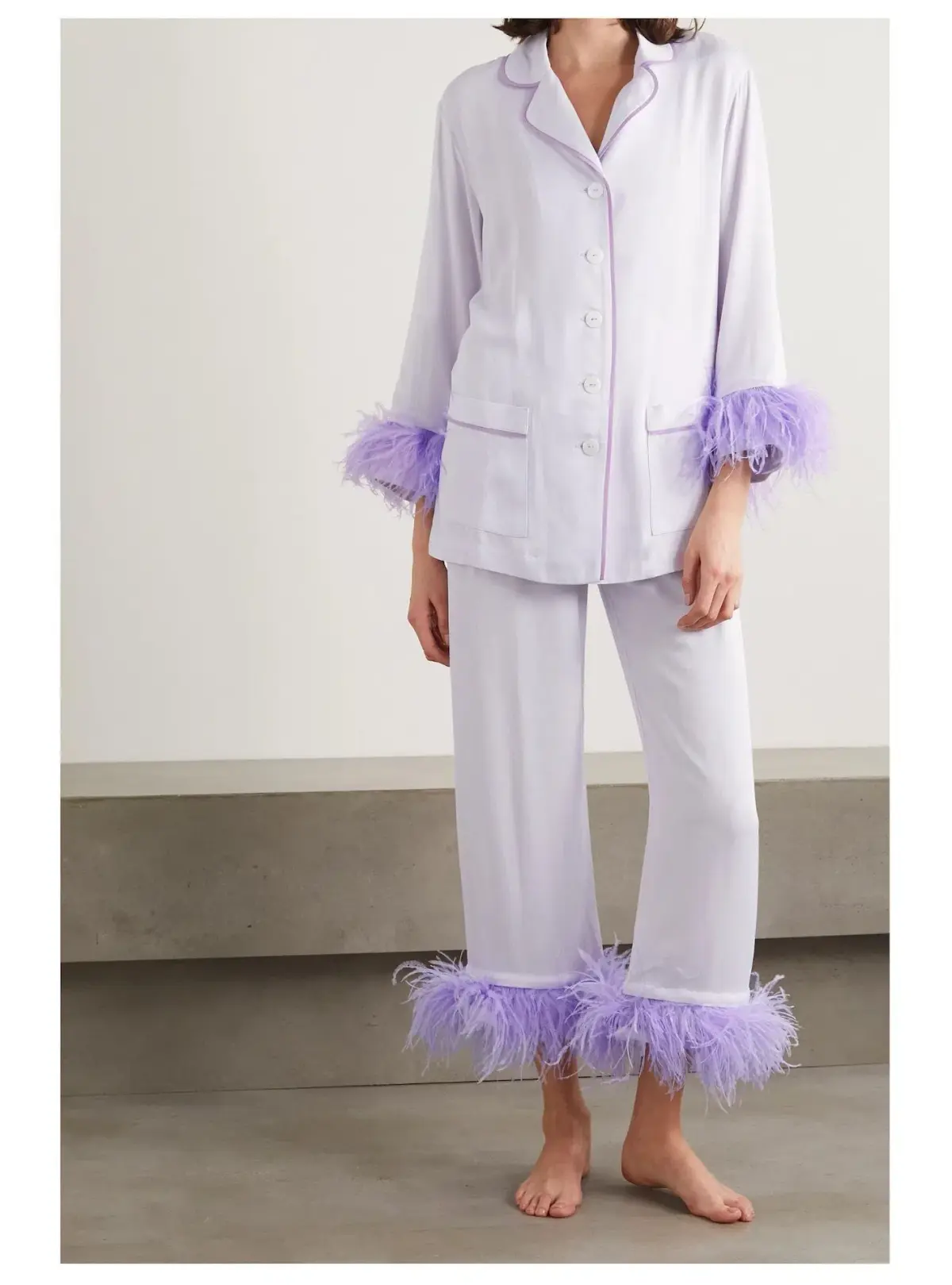 Sleeper Party Double Feather Trimmed Pyjama Set Lilac Size UK 10 - Image 1