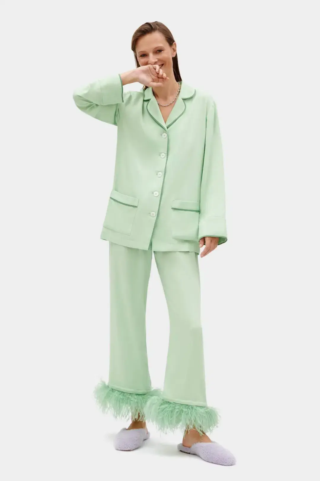 Sleeper Party Pyjama Set with Feathers Mint Green Size M / UK 10 for rent on The Volte - main image
