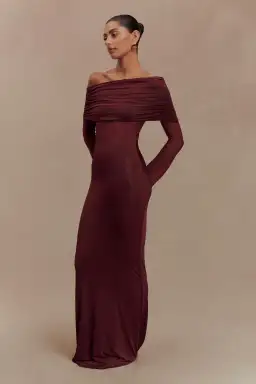 Meshki Kaitlin Slinky and Mesh Maxi Dress Burgundy Size S / UK 8 for rent on The Volte - image 2