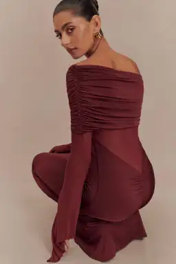 Meshki Kaitlin Slinky and Mesh Maxi Dress Burgundy Size S / UK 8 for rent on The Volte - image 4