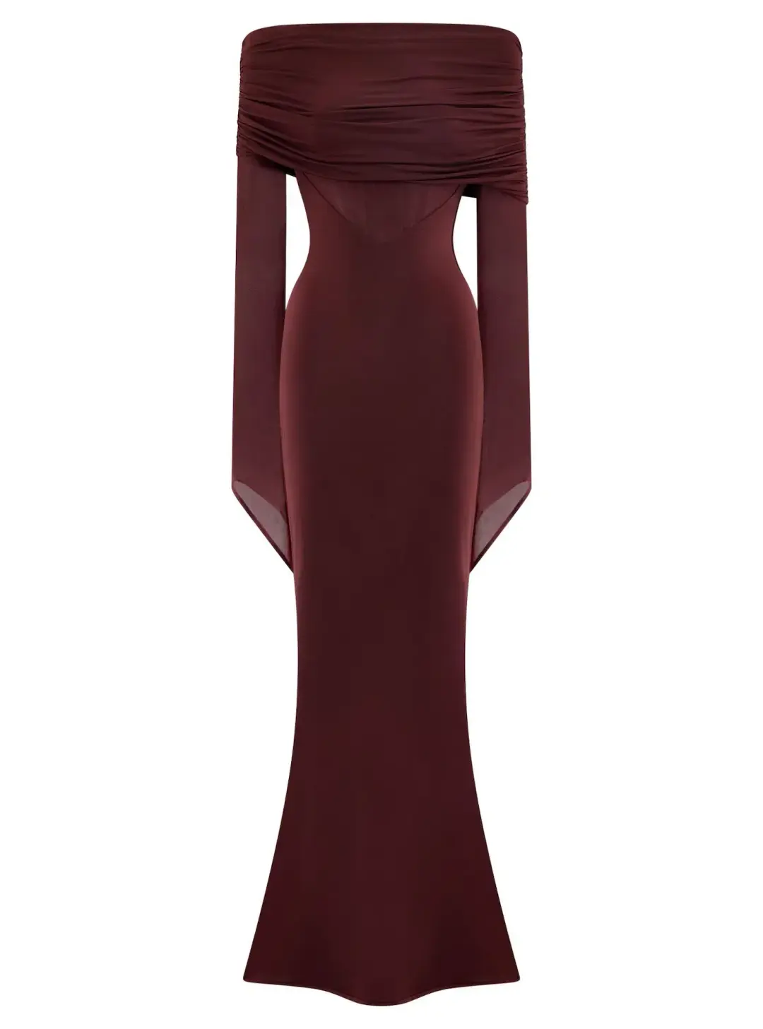 Meshki Kaitlin Slinky and Mesh Maxi Dress Burgundy Size S / UK 8 for rent on The Volte - main image