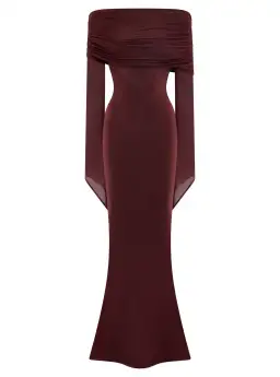 Meshki Kaitlin Slinky and Mesh Maxi Dress Burgundy Size S / UK 8 for rent on The Volte - image 5