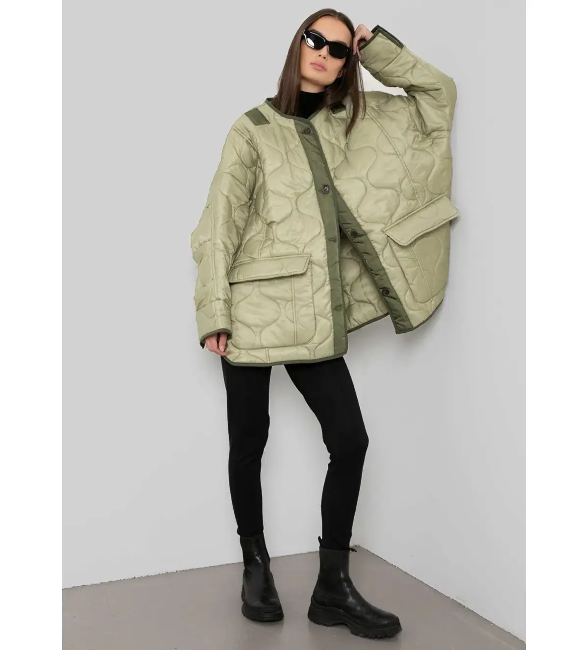 Frankie Shop Teddy Quilted Jacket Moss Green Size UK 12 - Image 3