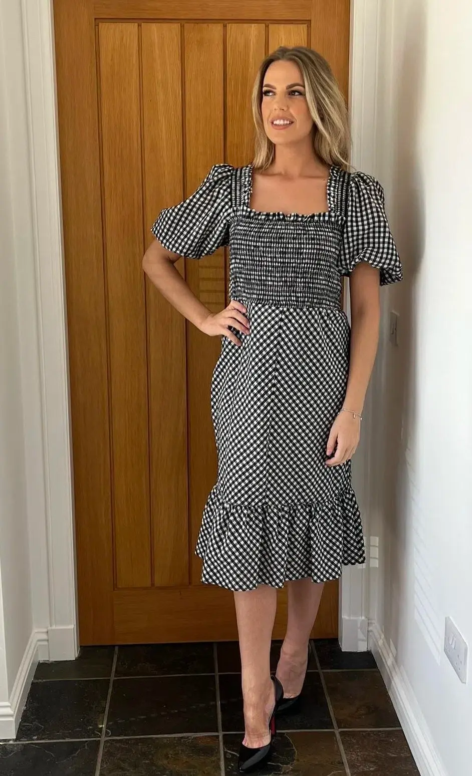 Ganni Gingham Smocked Midi Dress Black & White Size UK 18 for rent on The Volte - main image