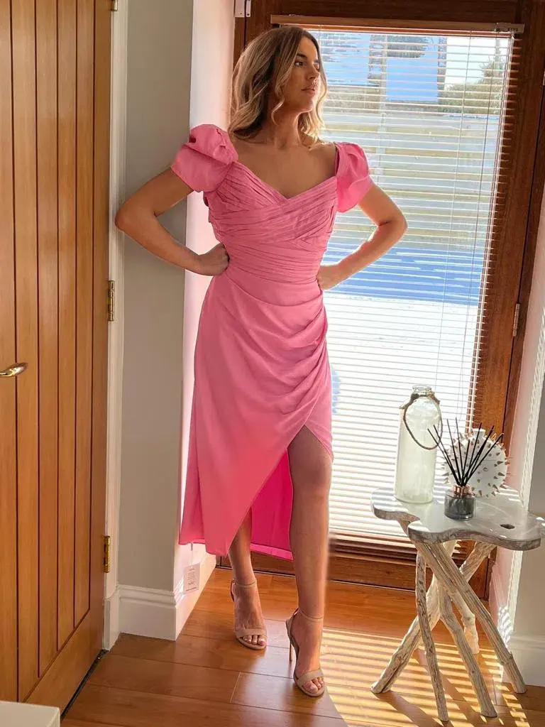 Self Portrait Iris Crepe Midi Dress Pink Size UK 16 for rent on The Volte - main image