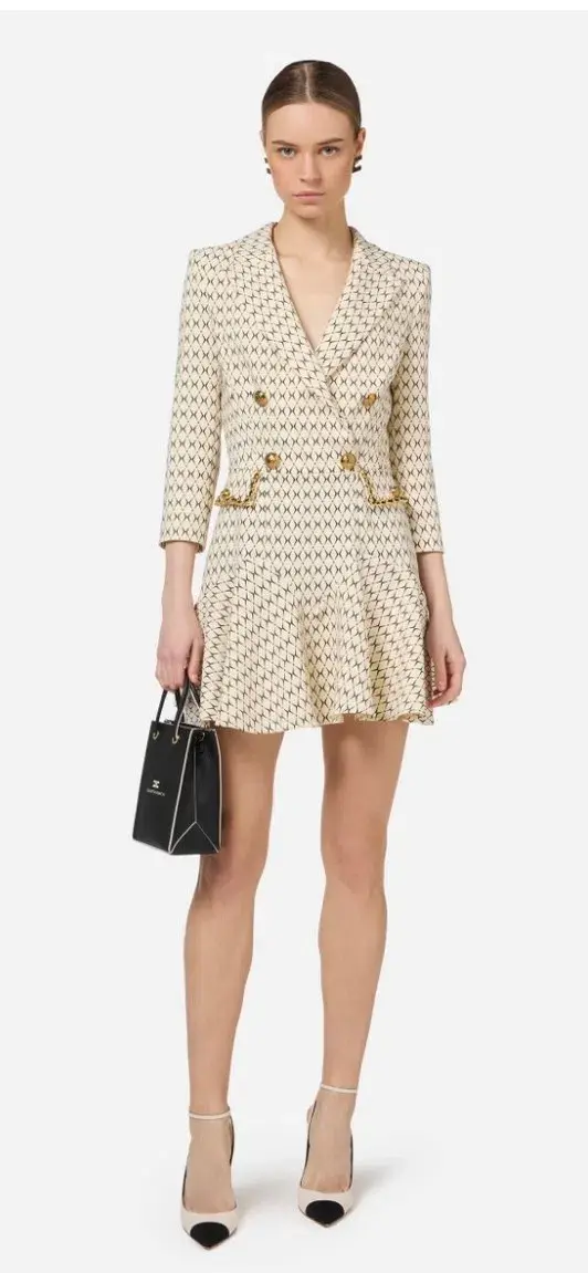 Elisabetta Franchi Cream Mini Coat Dress Trimmed With Gold Chain and Leather Size UK 10 for rent on The Volte - main image