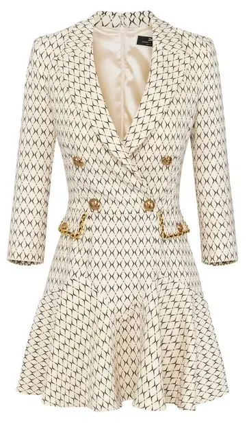 Elisabetta Franchi Cream Mini Coat Dress Trimmed With Gold Chain and Leather Size UK 10 - Image 4
